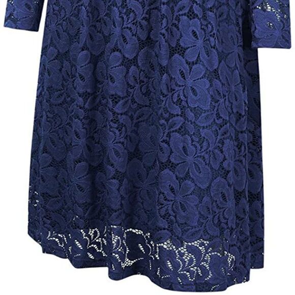 Off Shoulder Lace Retro Pinup Vintage 1950s Long Sleeves Swing Navy Dress L NWT - Picture 4 of 13